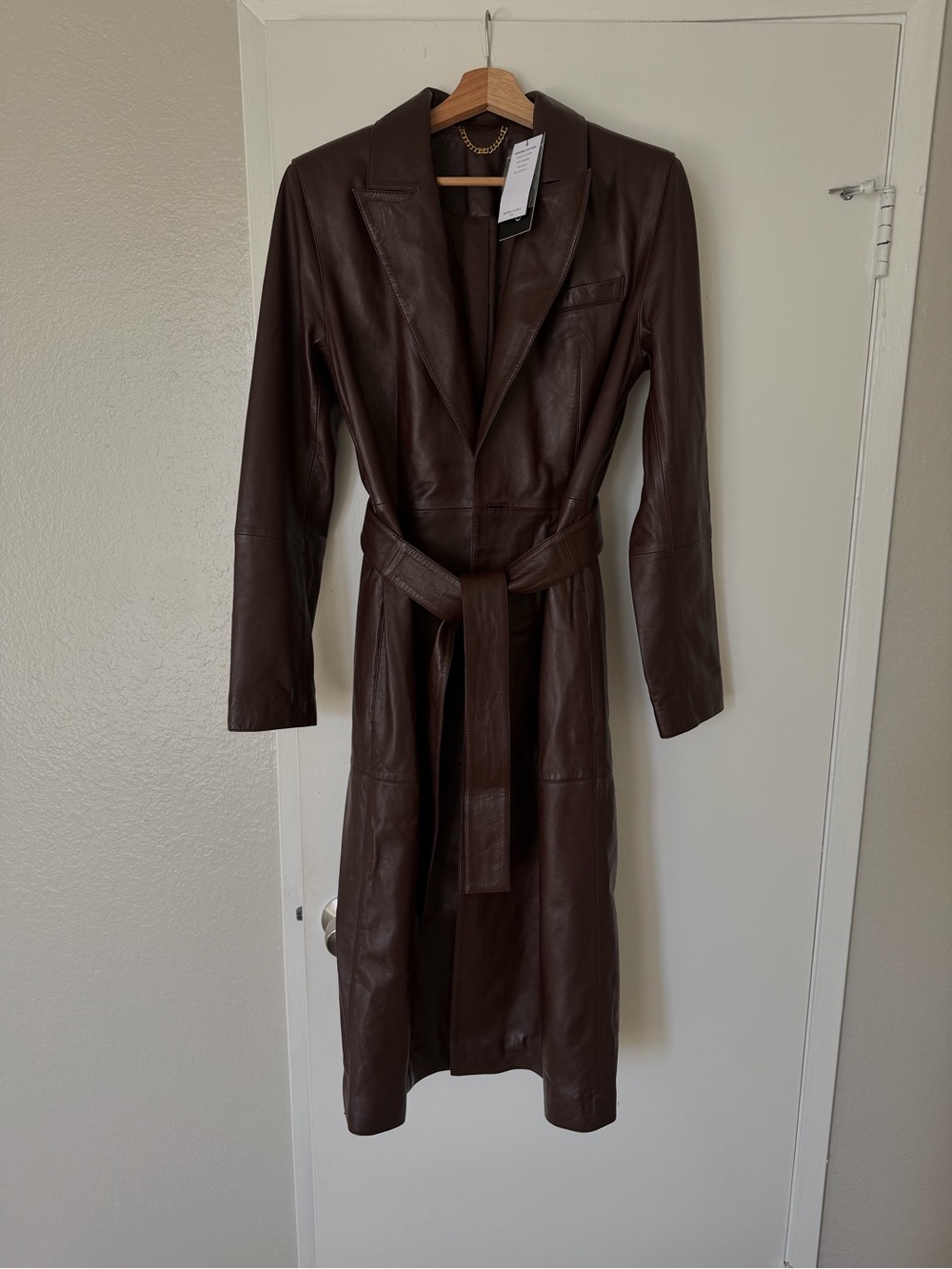 Marciano Dark Brown Leather Trench Coat with Waist Tie
